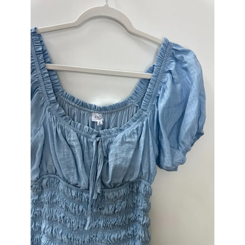 LE LIS Light Blue Smocked Puff Sleeve Midi Dress M Milkmaid Cottagecore Coquette - Picture 5 of 16
